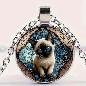 Silver Siamese Kitty Cat Kitten Glass Cabochon Pendant Necklace